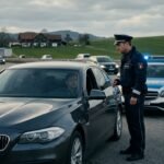 Полицейский проверяет тонировку автомобиля на дороге в Европе