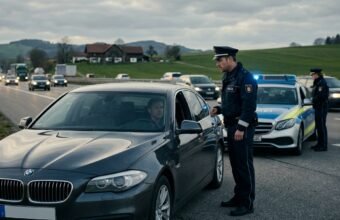 Полицейский проверяет тонировку автомобиля на дороге в Европе