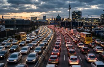 Машины стоят в пробке на немецкой трассе в вечерний час пик
