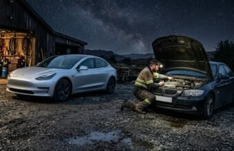Современный электромобиль проходит технический осмотр на сервисной станции