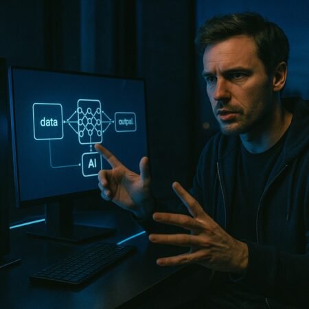 Схема архитектуры искусственной нейросети с входными узлами, скрытыми слоями и выходными параметрами