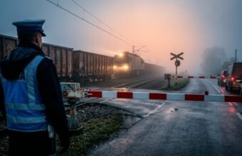 Автомобили перед закрытым железнодорожным переездом с опущенным шлагбаумом и красным светофором