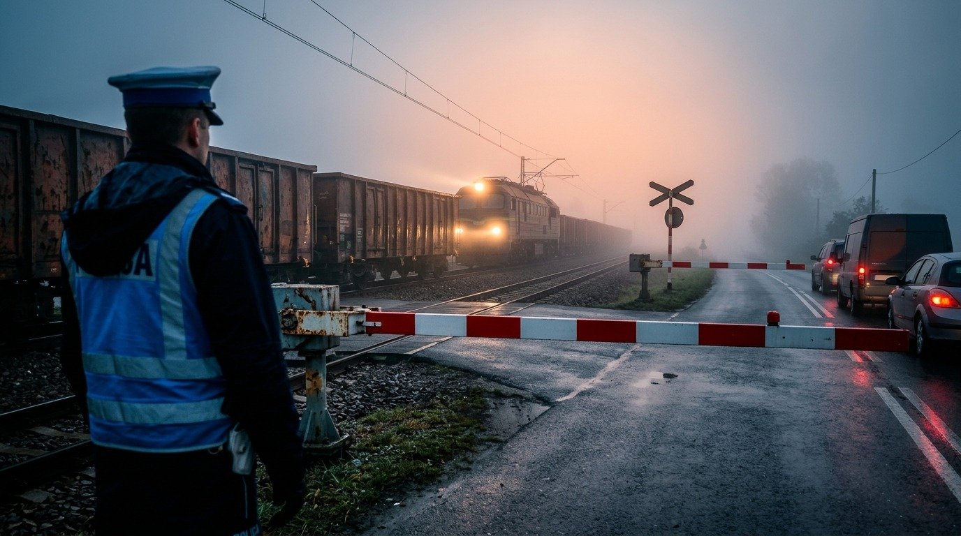 Автомобили перед закрытым железнодорожным переездом с опущенным шлагбаумом и красным светофором