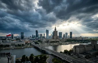 Грузовой терминал с контейнерами и портовыми кранами, иллюстрирующий внешнюю торговлю и экспортно-импортные операции Польши
